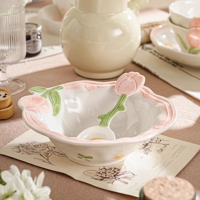 Set ceramic de veselă de masă cu model plante și flori, formă neregulată, stil proaspăt și drăguț, finisaj subglazurat