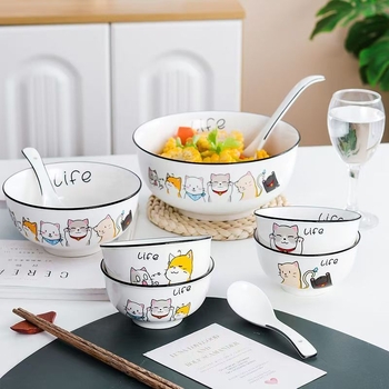 Set ceramic pentru gospodărie: bol de orez, farfurie cu pește și farfurie cu fructe, model desen animat, stil modern minimalist, formă rotundă, compatibil cu microunde