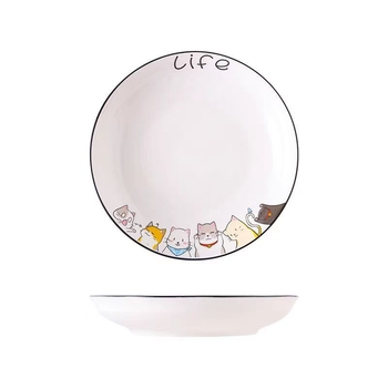 Set ceramic pentru gospodărie: bol de orez, farfurie cu pește și farfurie cu fructe, model desen animat, stil modern minimalist, formă rotundă, compatibil cu microunde