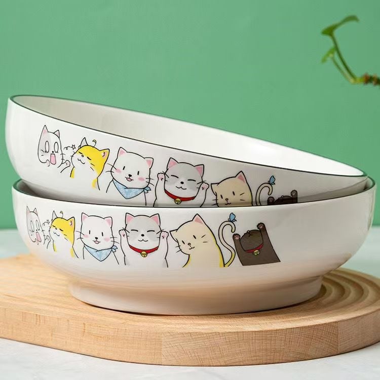 Set ceramic pentru gospodărie: bol de orez, farfurie cu pește și farfurie cu fructe, model desen animat, stil modern minimalist, formă rotundă, compatibil cu microunde