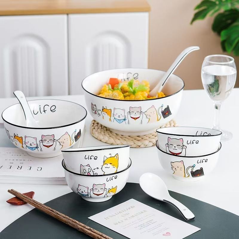 Set ceramic pentru gospodărie: bol de orez, farfurie cu pește și farfurie cu fructe, model desen animat, stil modern minimalist, formă rotundă, compatibil cu microunde