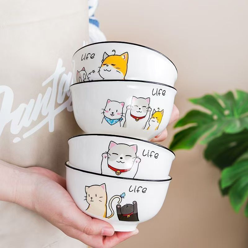 Set ceramic pentru gospodărie: bol de orez, farfurie cu pește și farfurie cu fructe, model desen animat, stil modern minimalist, formă rotundă, compatibil cu microunde