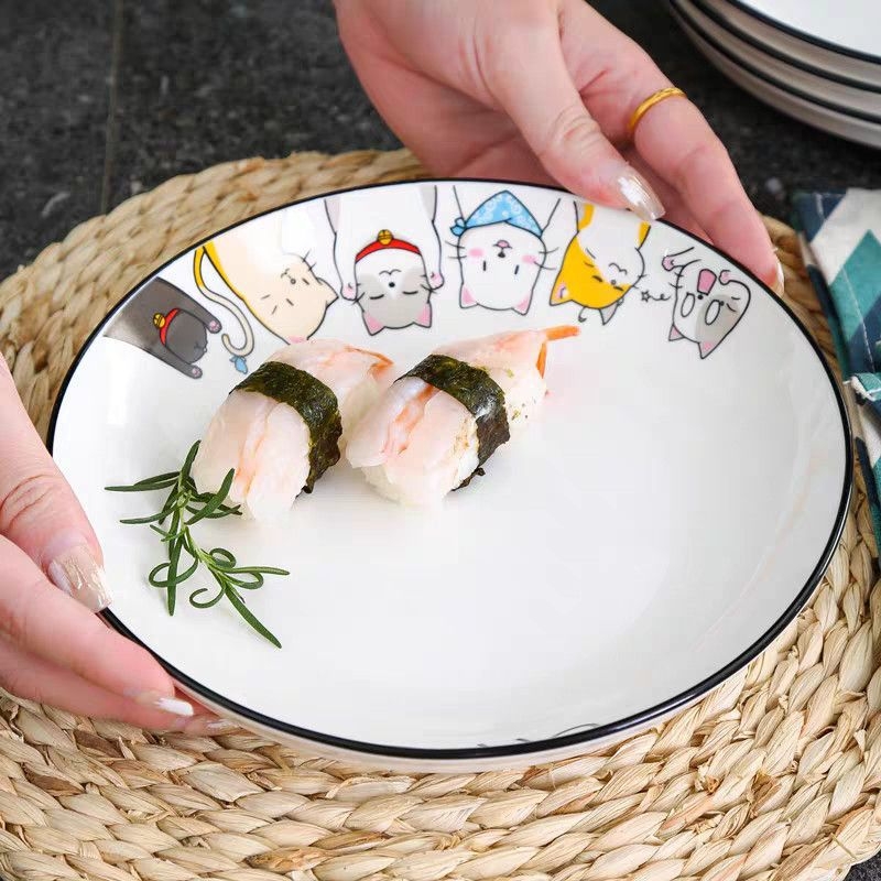 Set ceramic pentru gospodărie: bol de orez, farfurie cu pește și farfurie cu fructe, model desen animat, stil modern minimalist, formă rotundă, compatibil cu microunde