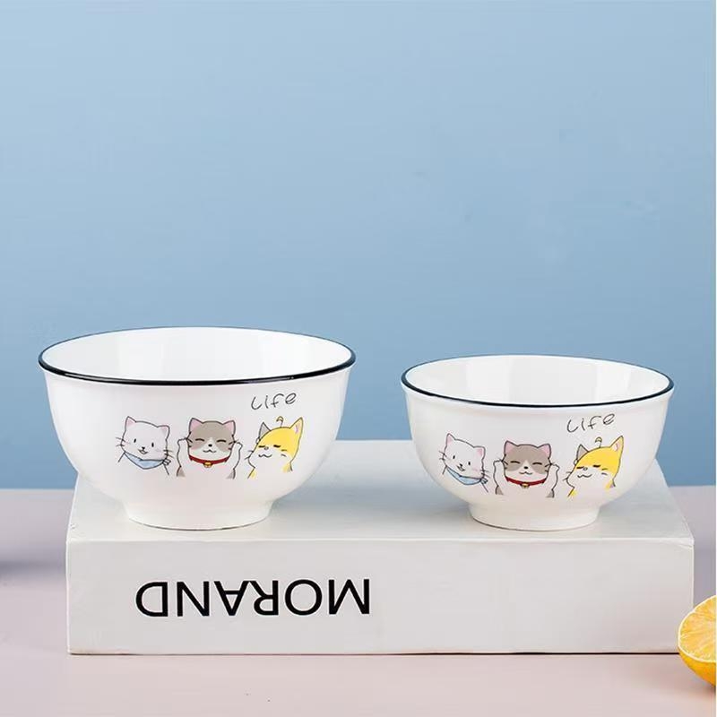 Set ceramic pentru gospodărie: bol de orez, farfurie cu pește și farfurie cu fructe, model desen animat, stil modern minimalist, formă rotundă, compatibil cu microunde