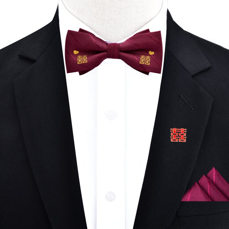 Papion trei piese, set cu batistă de buzunar și boutonniere • poliester • stil masculin • lățime standard