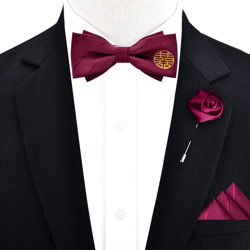 Papion trei piese, set cu batistă de buzunar și boutonniere • poliester • stil masculin • lățime standard