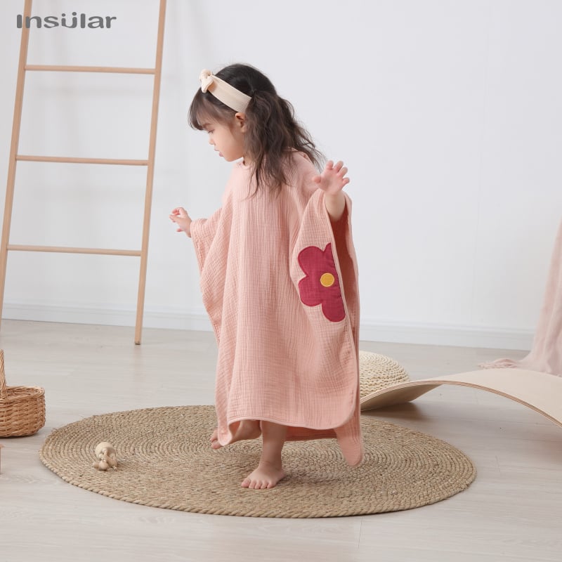 Детски качулка-халат за баня и плаж, 100% памук, флорален модел, през глава