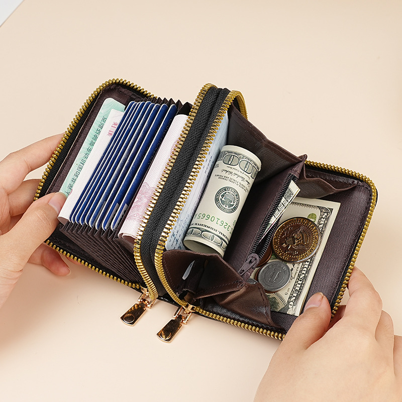 PU kártyatartó pénztárca dupla cipzárral, kártyaorganizátor és érme zsebbel — 82 g, városi minimalist stílus, szintetikus bőr belső bélés