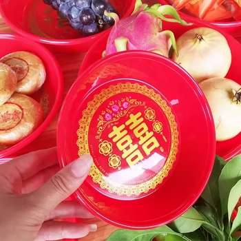 Kör alakú műanyag gyümölcstál esküvőkhöz, dupla boldogság minta, kínai stílus, új kínai stílus