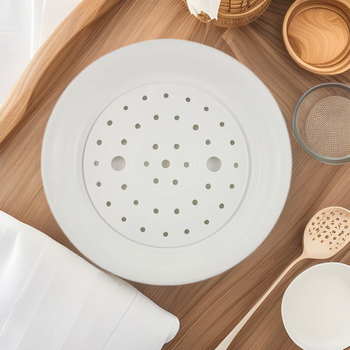 Gőzölő tálca, kör alakú porcelánból, alglazúros felülettel, mikrohullámú sütőben használható