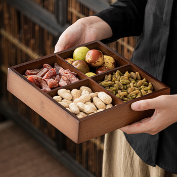 Bambuszból készült snack tál kilenc rekesszel, kínai stílusú tea-szertartáshoz, nassolnivalók és aszalt gyümölcsök tálalására