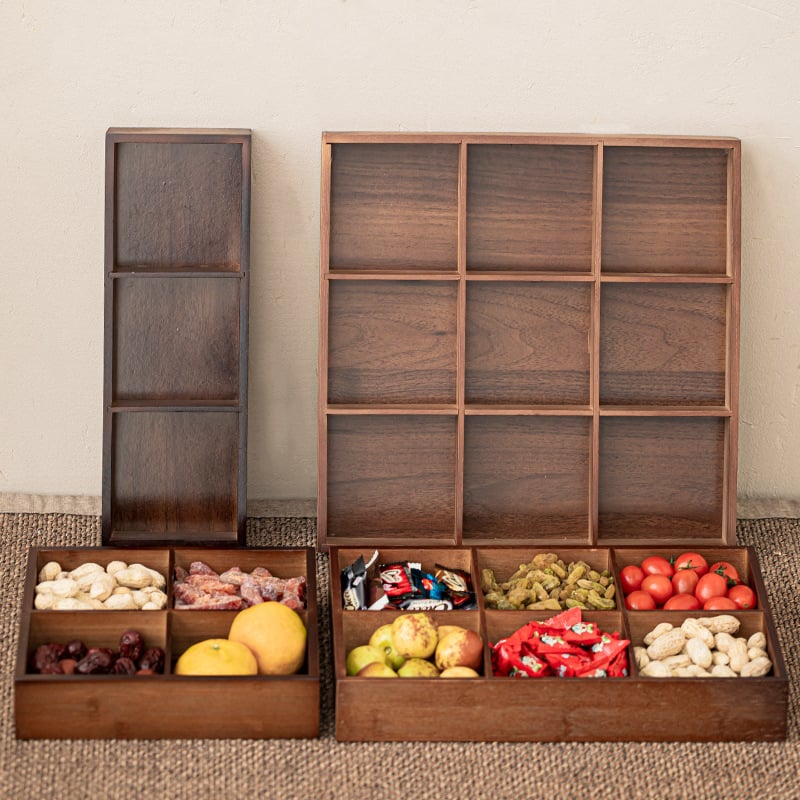 Bambuszból készült snack tál kilenc rekesszel, kínai stílusú tea-szertartáshoz, nassolnivalók és aszalt gyümölcsök tálalására