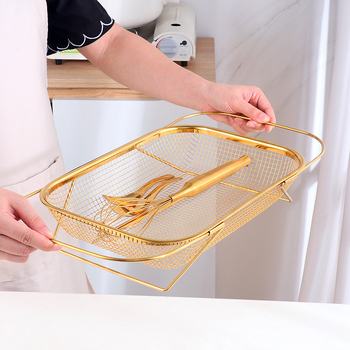 Összecsukható rozsdamentes acél konyhai kosár mosogatóhoz — téglalap alakú hálós szűrőkosár gyümölcsök és sütés céljára (Modell A401)