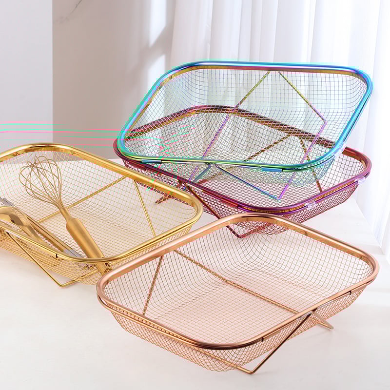 Összecsukható rozsdamentes acél konyhai kosár mosogatóhoz — téglalap alakú hálós szűrőkosár gyümölcsök és sütés céljára (Modell A401)