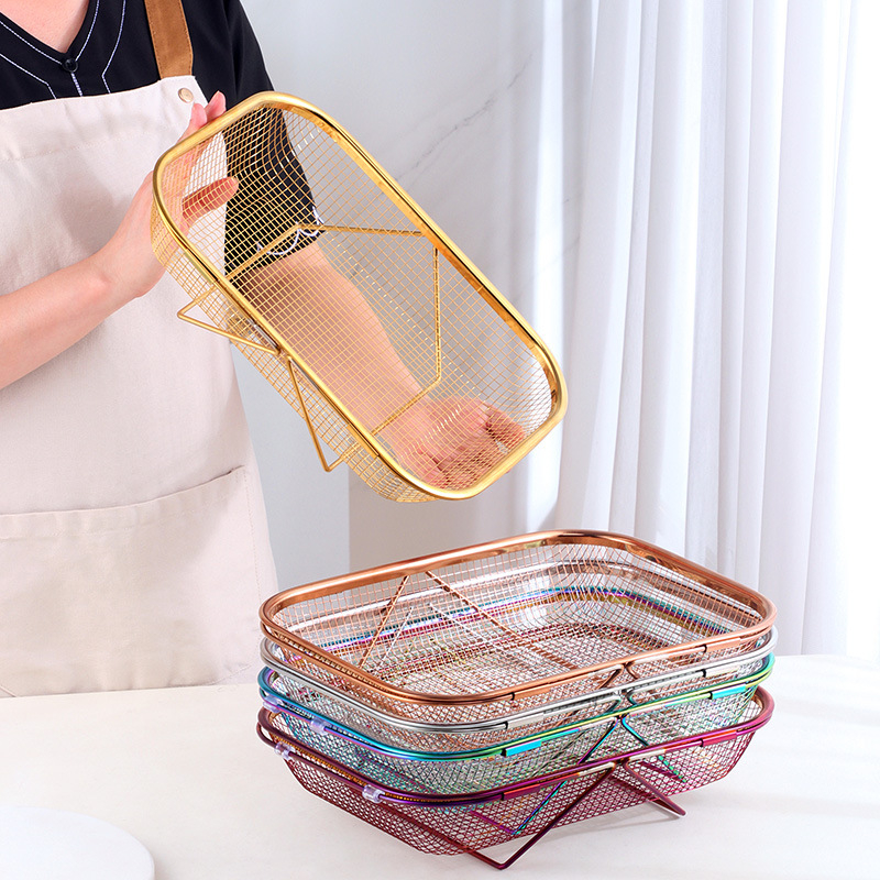 Összecsukható rozsdamentes acél konyhai kosár mosogatóhoz — téglalap alakú hálós szűrőkosár gyümölcsök és sütés céljára (Modell A401)
