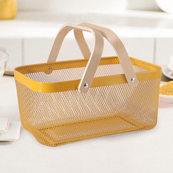 Téglalap alakú kovácsoltvas tárolókosár fa fogantyúval – modern minimalist stílusú gyümölcs- és zöldségtároló