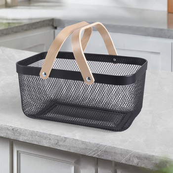 Téglalap alakú kovácsoltvas tárolókosár fa fogantyúval – modern minimalist stílusú gyümölcs- és zöldségtároló