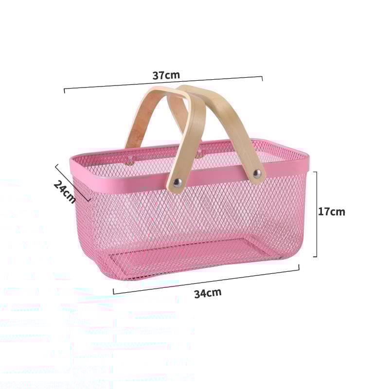 Téglalap alakú kovácsoltvas tárolókosár fa fogantyúval – modern minimalist stílusú gyümölcs- és zöldségtároló