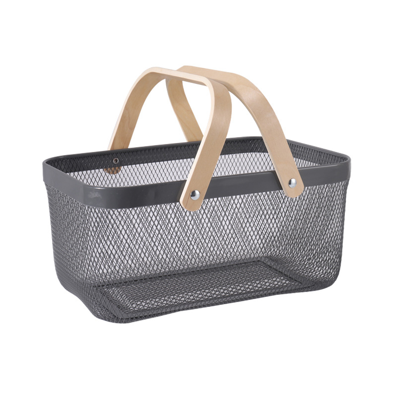 Téglalap alakú kovácsoltvas tárolókosár fa fogantyúval – modern minimalist stílusú gyümölcs- és zöldségtároló