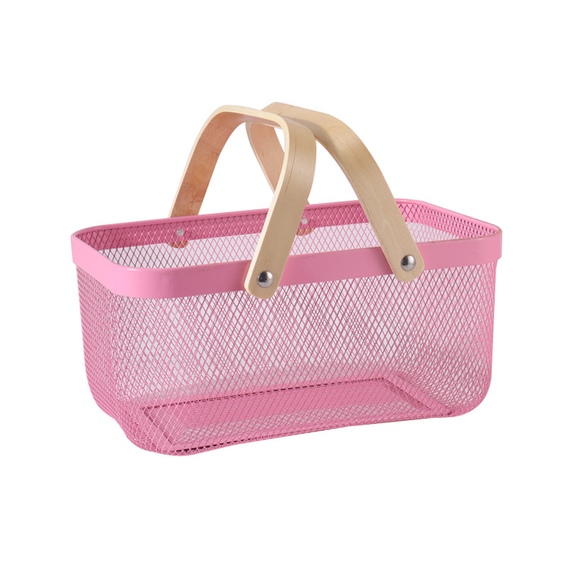 Téglalap alakú kovácsoltvas tárolókosár fa fogantyúval – modern minimalist stílusú gyümölcs- és zöldségtároló