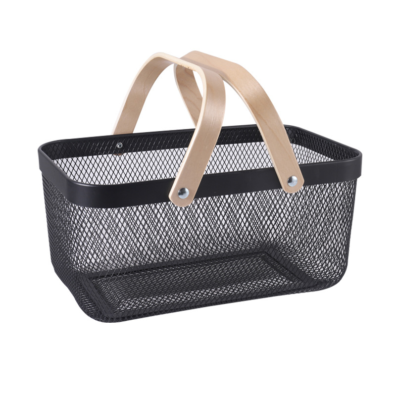 Téglalap alakú kovácsoltvas tárolókosár fa fogantyúval – modern minimalist stílusú gyümölcs- és zöldségtároló