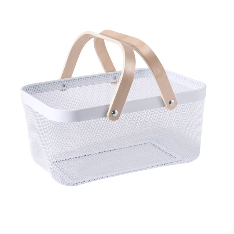 Téglalap alakú kovácsoltvas tárolókosár fa fogantyúval – modern minimalist stílusú gyümölcs- és zöldségtároló