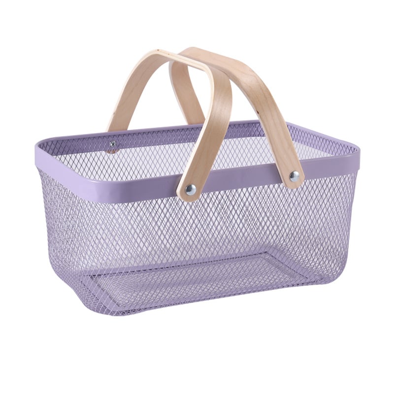 Téglalap alakú kovácsoltvas tárolókosár fa fogantyúval – modern minimalist stílusú gyümölcs- és zöldségtároló