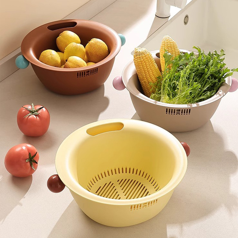 Λεκάνη πλυσίματος φρούτων και λαχανικών με διπλό επίπεδο, πολυλειτουργική πλαστική καλαθούλα, μοντέρνο μινιμαλιστικό στυλ