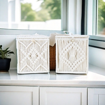 Liu Han Asztali tárolókosár – pamut kötél és vasból készült design, kozmetikai tároló, virág- és gyümölcskosár, Set II