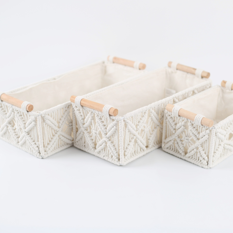 Liu Han Asztali tárolókosár – pamut kötél és vasból készült design, kozmetikai tároló, virág- és gyümölcskosár, Set II