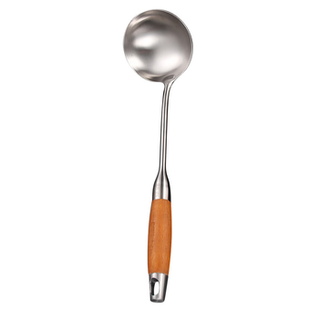Yanxing set kuhinjskih alata od nehrđajućeg čelika s drškom od krušnog drveta — lopatica, skimmer, jušna žlica