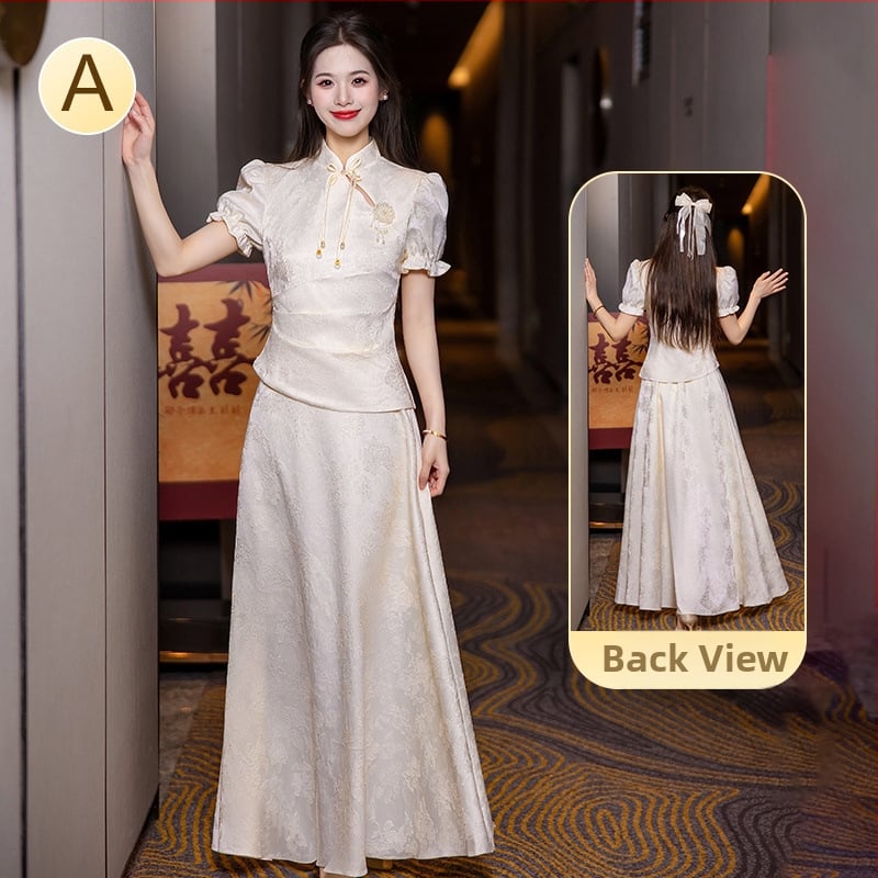 Китайски стил рокля за шаферки със стоечна яка, дълги ръкави и дълга пола; полиестер ≥95% с вторичен плат 30–50%