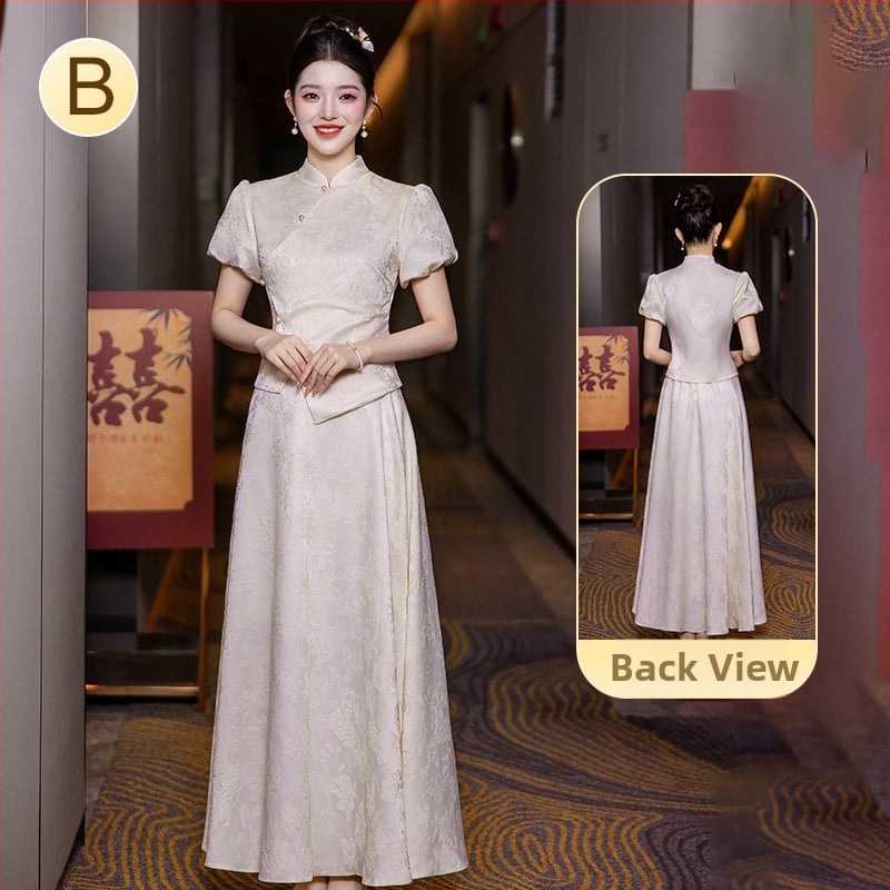 Китайски стил рокля за шаферки със стоечна яка, дълги ръкави и дълга пола; полиестер ≥95% с вторичен плат 30–50%