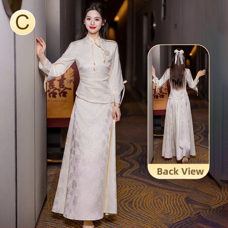 Китайски стил рокля за шаферки със стоечна яка, дълги ръкави и дълга пола; полиестер ≥95% с вторичен плат 30–50%