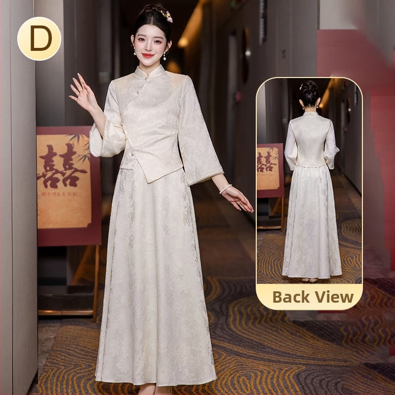 Китайски стил рокля за шаферки със стоечна яка, дълги ръкави и дълга пола; полиестер ≥95% с вторичен плат 30–50%