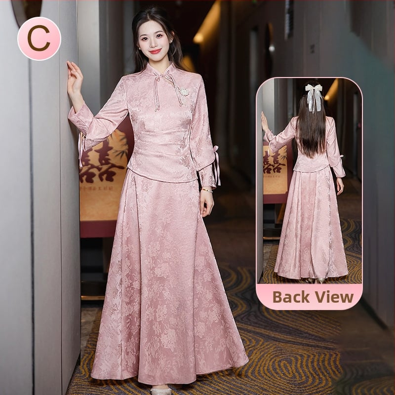 Китайски стил рокля за шаферки със стоечна яка, дълги ръкави и дълга пола; полиестер ≥95% с вторичен плат 30–50%