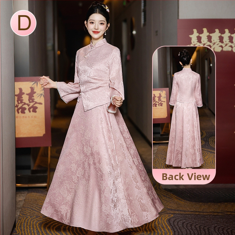 Китайски стил рокля за шаферки със стоечна яка, дълги ръкави и дълга пола; полиестер ≥95% с вторичен плат 30–50%