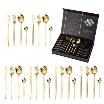 Set tacâmuri din oțel inoxidabil, 24 piese, într-o cutie cadou cu capac flip-top; include cuțit, furculiță, lingură, linguriță și linguriță pentru gheață; 410 oțel inoxidabil; luciu oglindă; stil minimalist modern