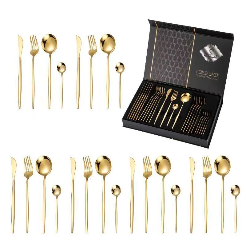 Set tacâmuri din oțel inoxidabil, 24 piese, într-o cutie cadou cu capac flip-top; include cuțit, furculiță, lingură, linguriță și linguriță pentru gheață; 410 oțel inoxidabil; luciu oglindă; stil minimalist modern