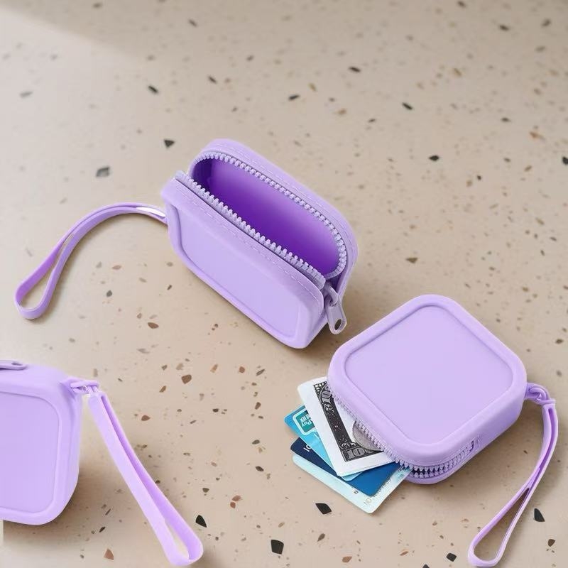 Portofel din silicon cu fermoar – organizator pentru ruj, căști, cabluri de date și chei, stil urban simplu, căptușeală din silicon, antibacterian și anti-tăiere