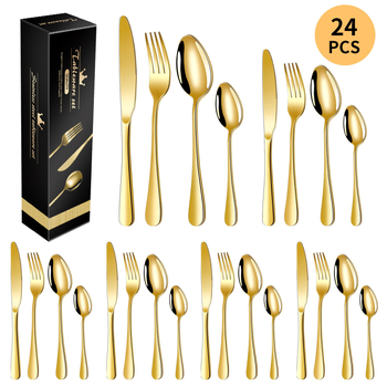 Комплект прибори за хранене от неръждаема стомана: ножове, вилици и лъжици, 24 части, 410-стомана, огледално полирани, модерен минималистичен дизайн