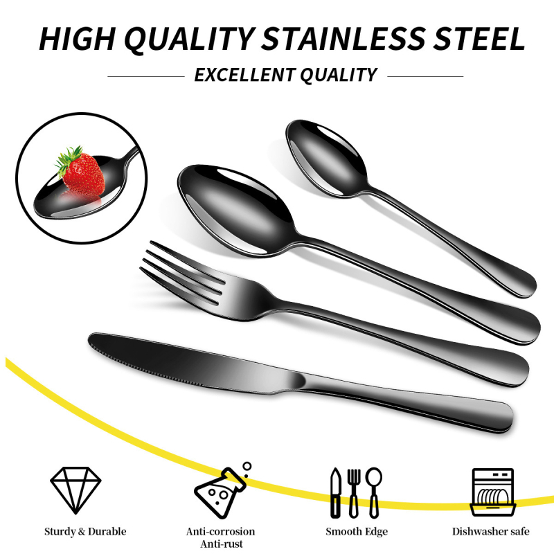 Комплект прибори за хранене от неръждаема стомана: ножове, вилици и лъжици, 24 части, 410-стомана, огледално полирани, модерен минималистичен дизайн