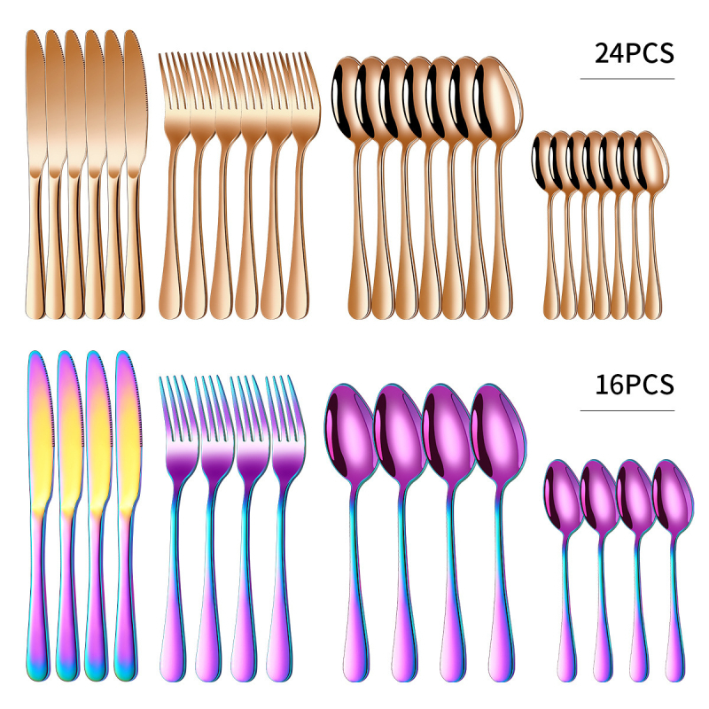 Комплект прибори за хранене от неръждаема стомана: ножове, вилици и лъжици, 24 части, 410-стомана, огледално полирани, модерен минималистичен дизайн