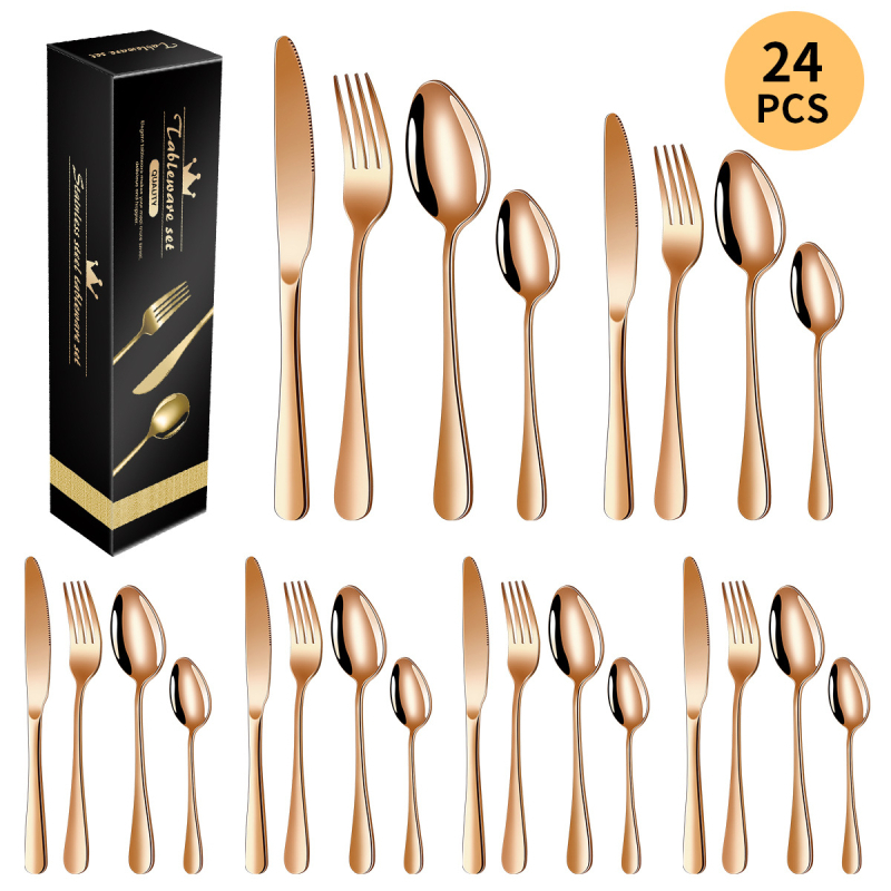 Комплект прибори за хранене от неръждаема стомана: ножове, вилици и лъжици, 24 части, 410-стомана, огледално полирани, модерен минималистичен дизайн