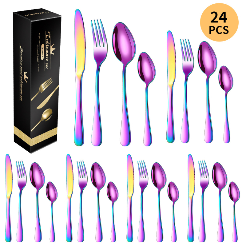 Комплект прибори за хранене от неръждаема стомана: ножове, вилици и лъжици, 24 части, 410-стомана, огледално полирани, модерен минималистичен дизайн