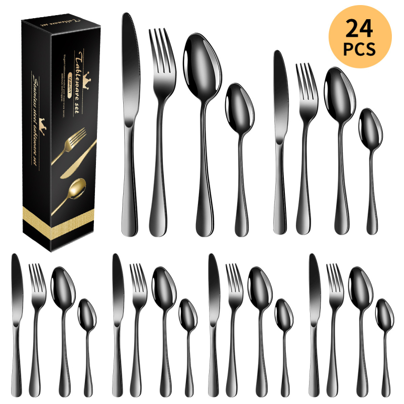Комплект прибори за хранене от неръждаема стомана: ножове, вилици и лъжици, 24 части, 410-стомана, огледално полирани, модерен минималистичен дизайн