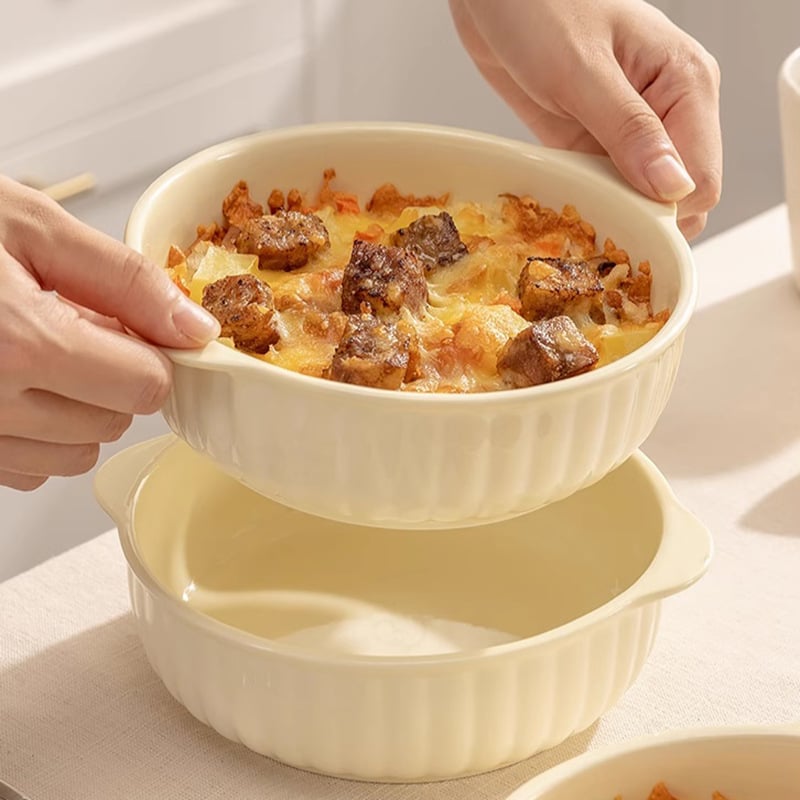 Keramična zdjela pogodna za mikrovalnu s dvostrukim ručkama, pogodna za pećnicu i air fryer, okrugli oblik, glazirana površina, novi kineski stil.