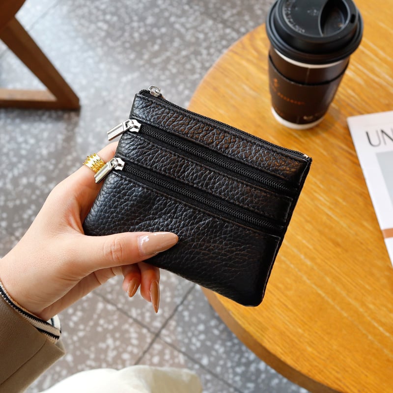 Uniszex valódi bőrből készült érmés táska, első réteg szarvasmarha bőrből, egyszínű külső, poliészter bélés, kulcs- és kártyatartó multifunkciós rekesz, kopásálló