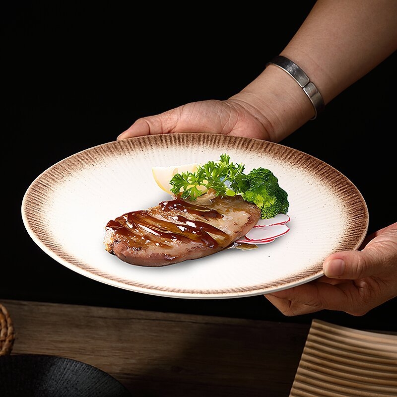 Japanski stil keramički tanjur za steak i tjesteninu, sushi tanjur, okrugli tanjur s prugastom glazurom, lagan luksuzni retro dizajn