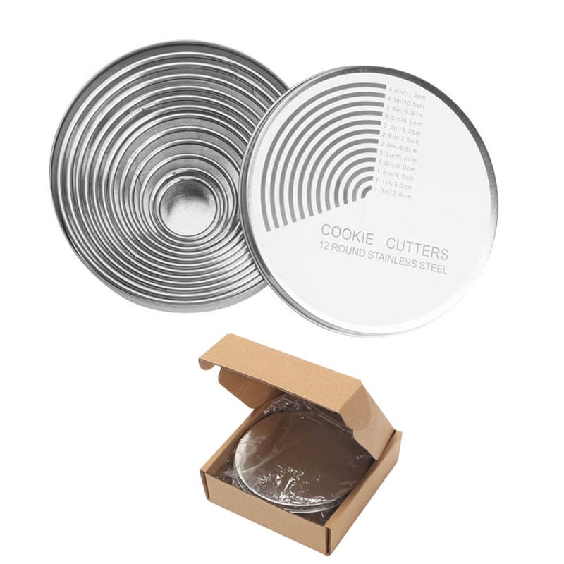 Rozsdamentes acélból készült kör alakú tortaforma mousse gyűrűvel és görbült éllel, 12 darabos készlet